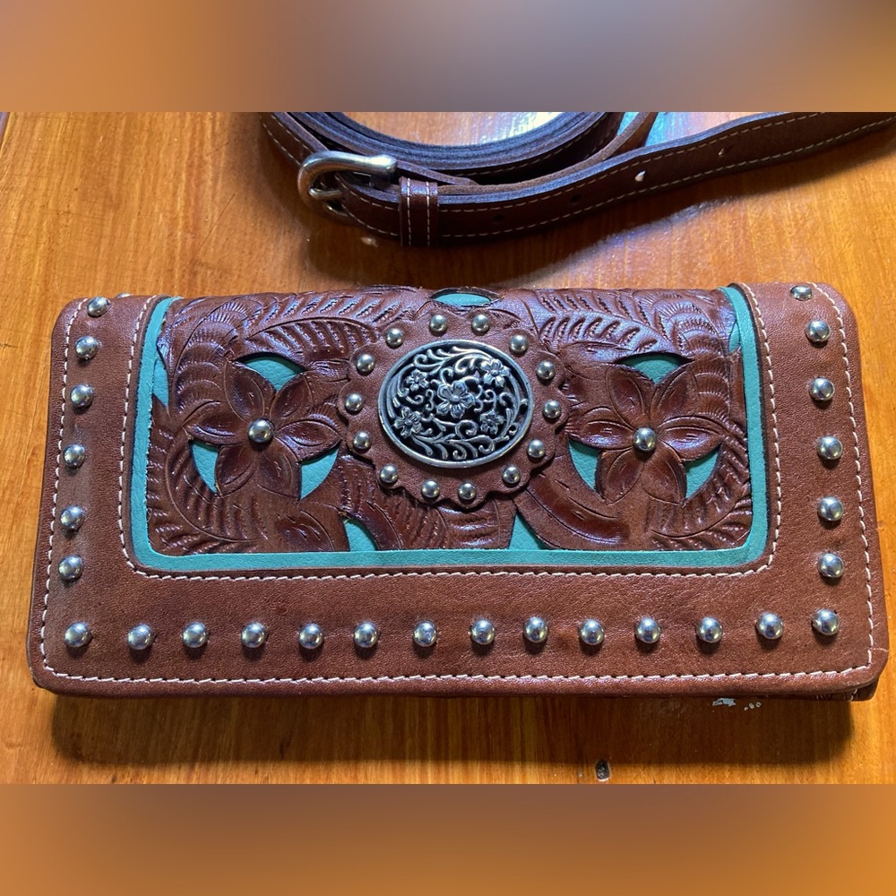 American West Wallet / Mini purse Hand tooled and stained Full grain leather